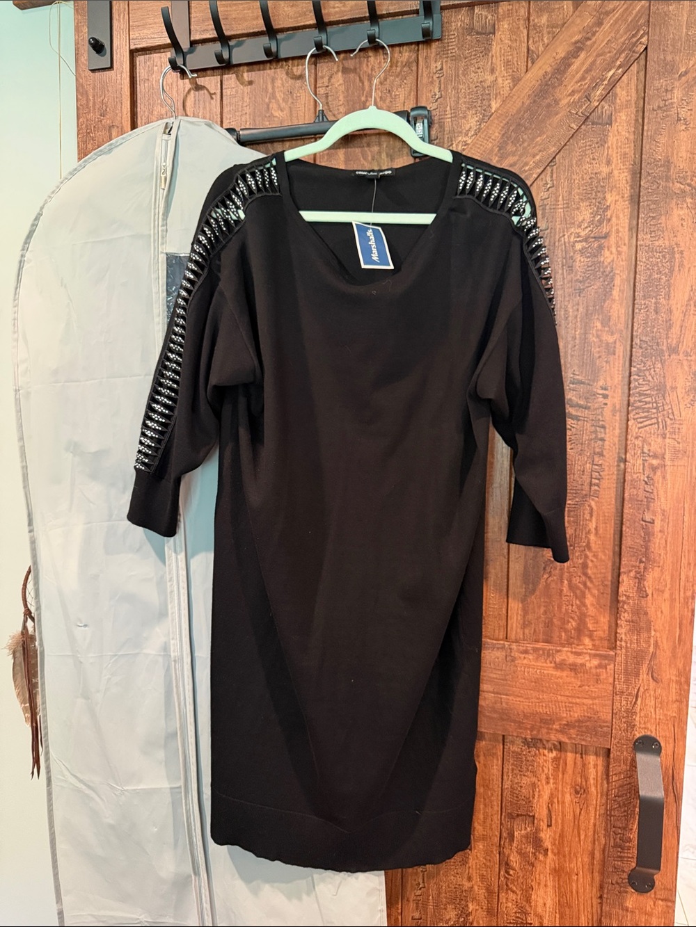 Cable & Gauge Black Long Sleeve Knit Dress with Beaded Shoulders